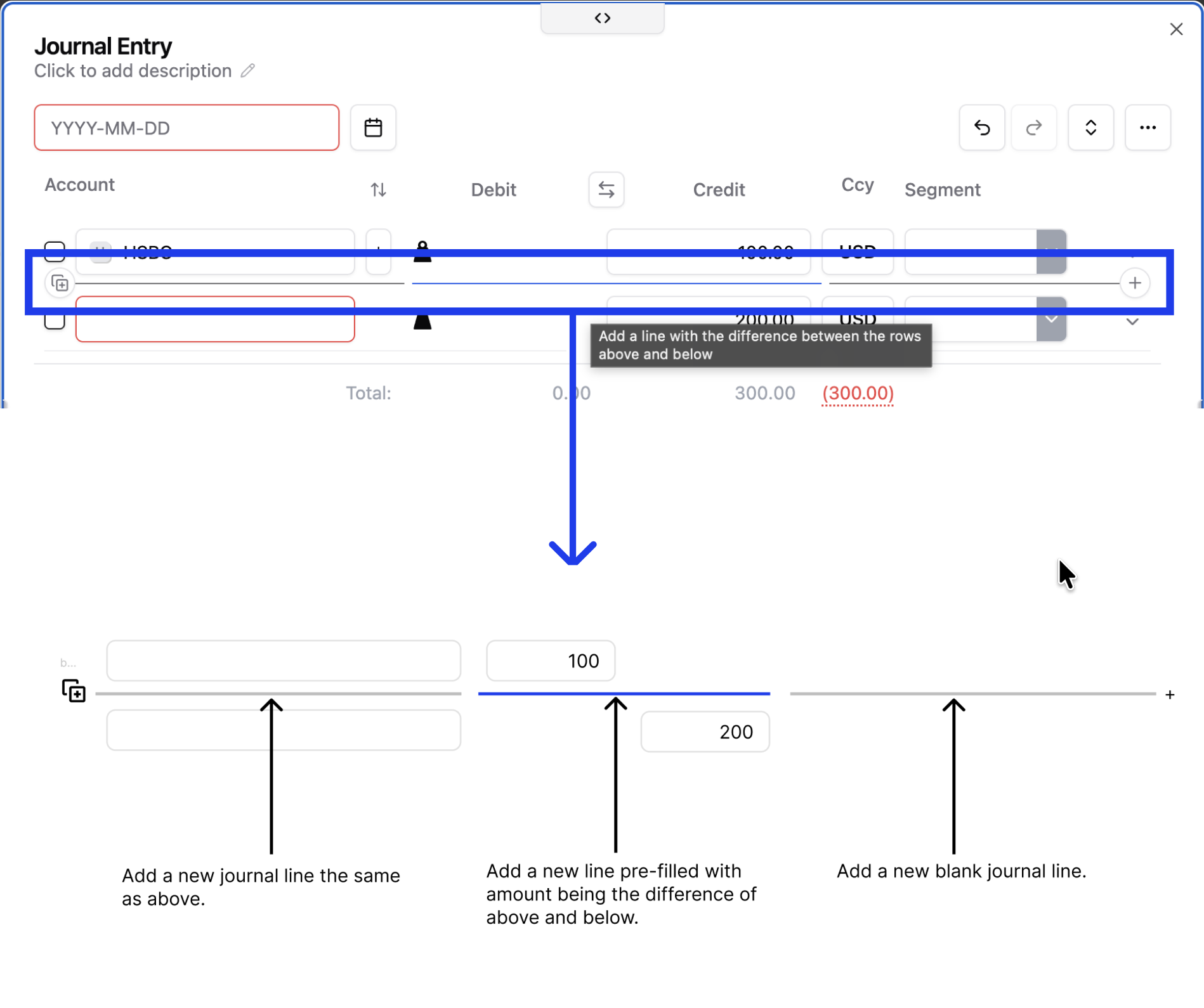 Annotated journal editor: the left divider duplicates the row above, the middle divider inserts the difference between the neighboring amounts, and the right divider adds a blank line.