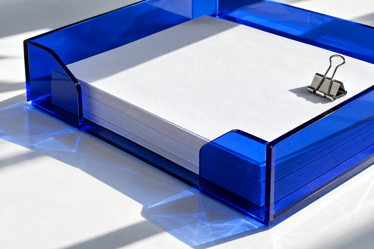 Cobalt document tray holding neatly stacked white paper in crisp sunlight