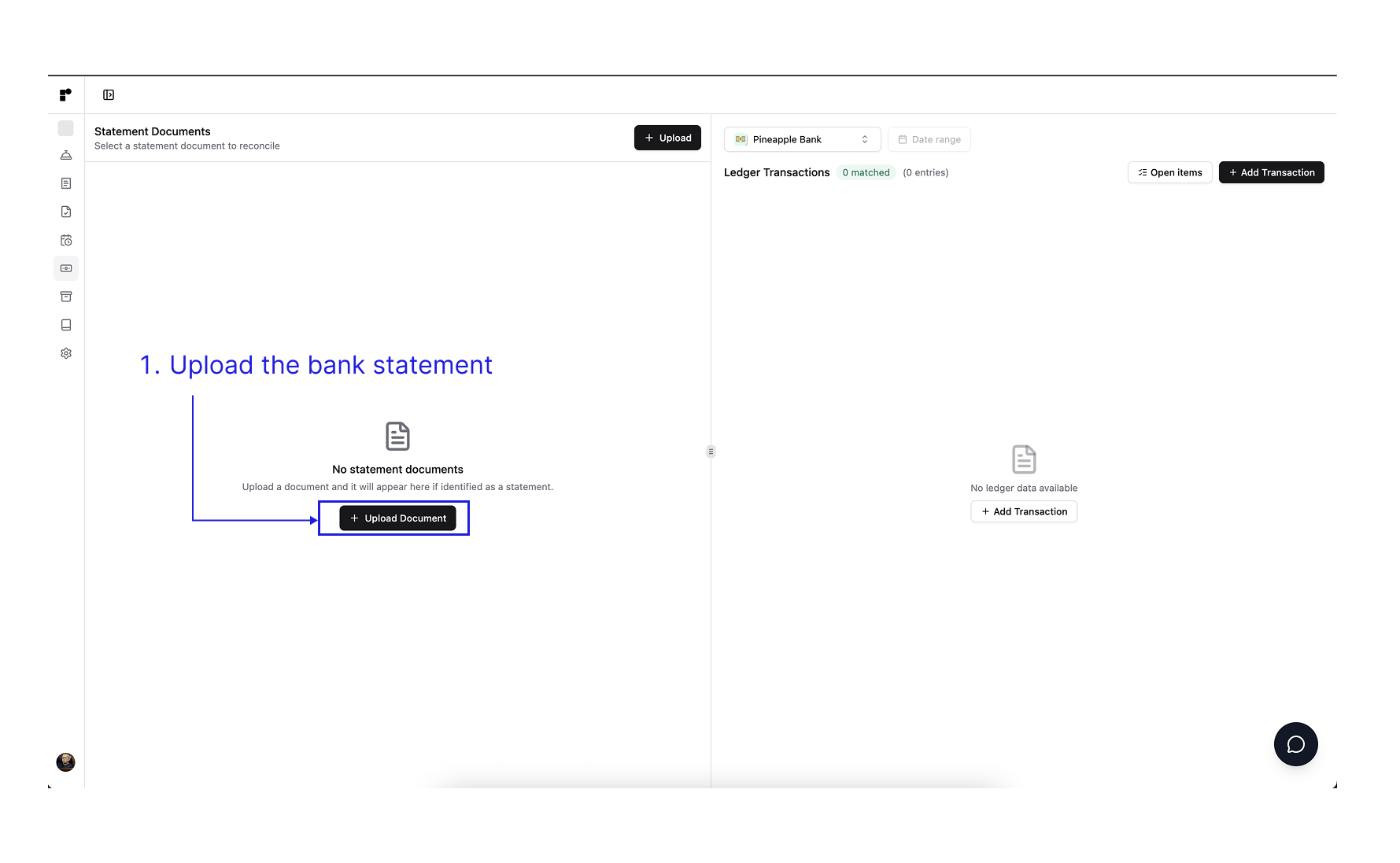 Reconciliation screen with the Upload Document button highlighted as step 1.