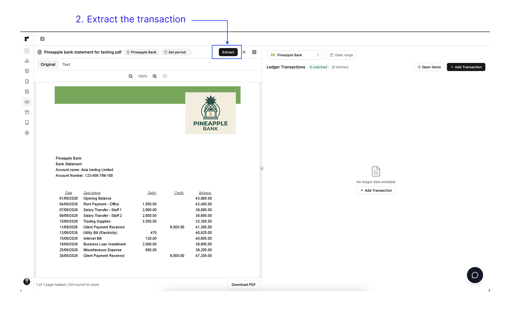 Statement preview with the Extract button highlighted as step 2.