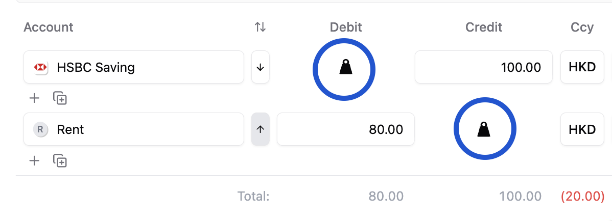 Journal entry lines with debit and credit columns, where each line's empty side shows a weight-shaped auto-balance button (circled); tapping it fills that line's amount so total debits equal total credits.