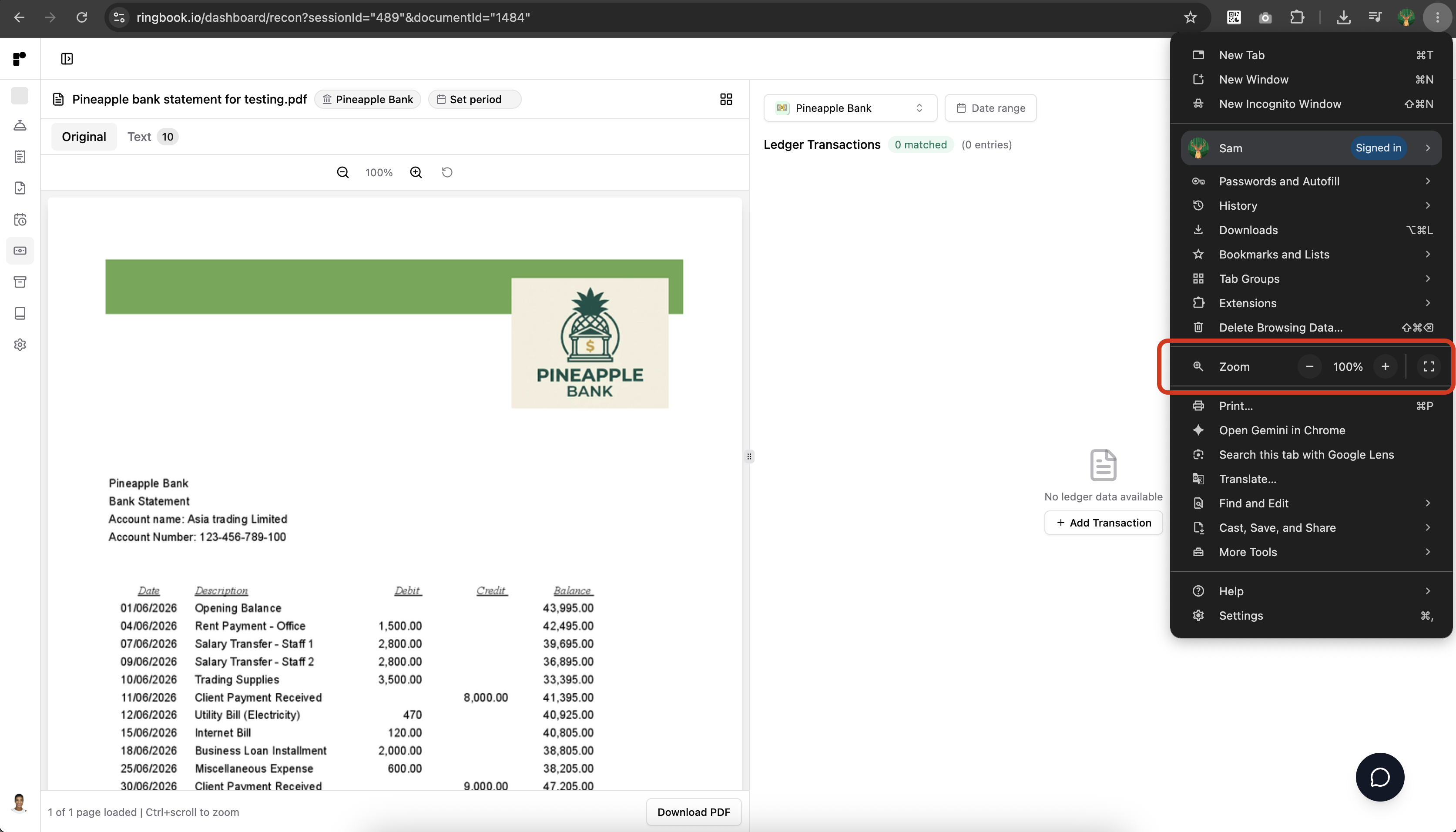 A browser menu open with the Zoom control highlighted, alongside a Ringbook reconciliation screen showing a bank statement and ledger side by side.
