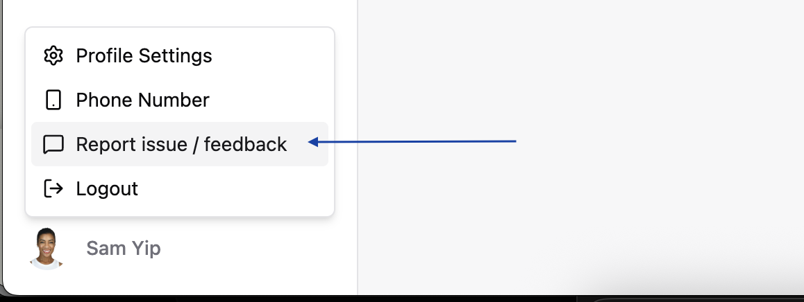The Ringbook profile menu open at the bottom-left, with the "Report issue / feedback" option highlighted for sending the team a message.